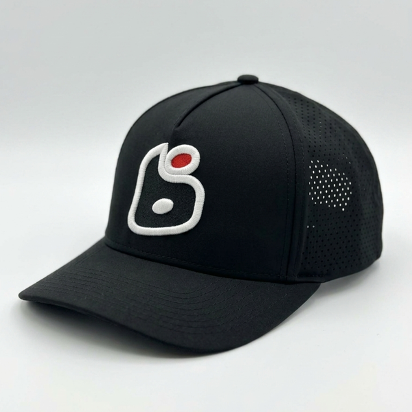 Black cap with a logo on a white background