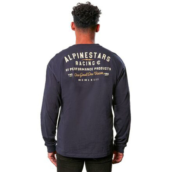 Clean studio shot of Alpinestars REP Long-Sleeve T-Shirt; showing tee fit, printed graphics, and crew neckline; SKU 3030233; Colors: Dark Navy, White