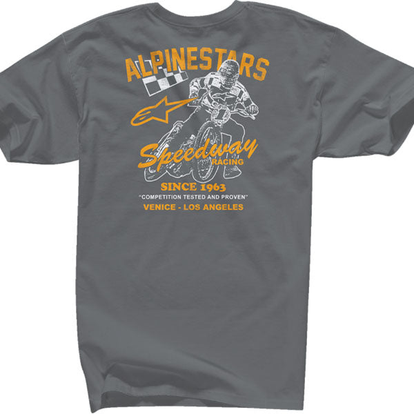 Clean studio shot of Alpinestars Speedway T-Shirt; showing tee fit, printed graphics, and crew neckline; SKU 303023230; Colors: Black, Charcoal, White