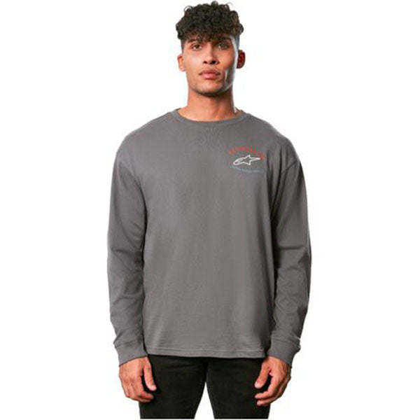 Studio photo on a white background of Alpinestars Full Face Long-Sleeve T-Shirt; showing tee fit, printed graphics, and crew neckline; SKU 3030233