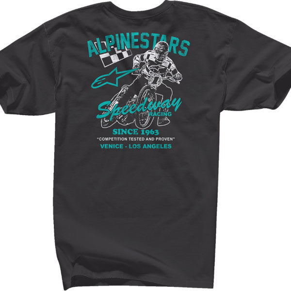 High-resolution studio image of Alpinestars Speedway T-Shirt; showing tee fit, printed graphics, and crew neckline; SKU 303023230; Sizes: M-2XL