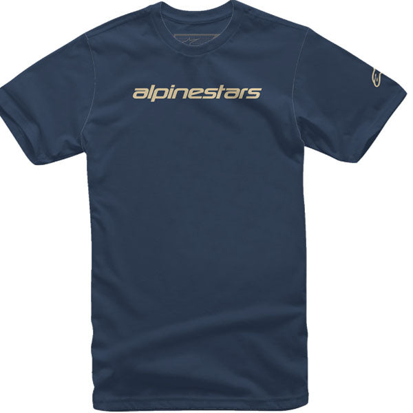 High-resolution studio image of Alpinestars Linear Wordmark T-Shirt; showing tee fit, printed graphics, and crew neckline; SKU 303021674; Sizes: M-2XL