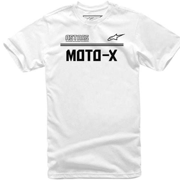 Crisp studio image on a white background of Alpinestars Moto X T-Shirt; showing tee fit, printed graphics, and crew neckline; SKU 3030208; Sizes: M-2XL