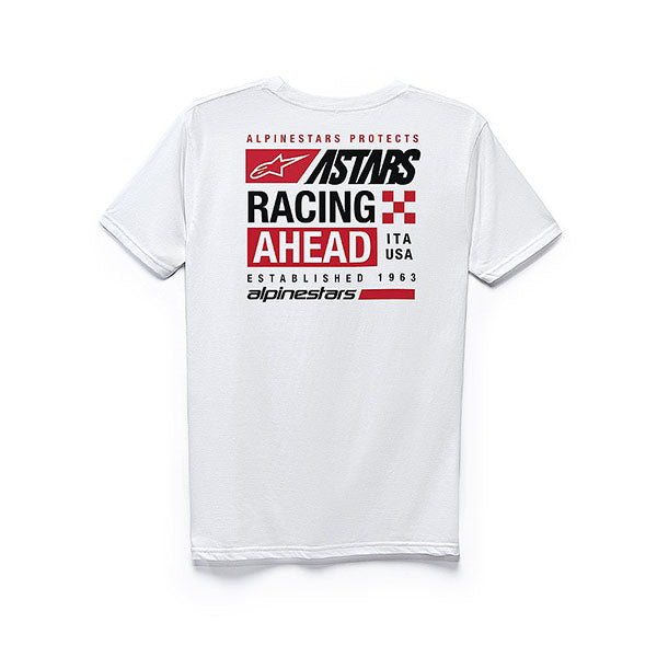 Clean studio shot of Alpinestars Placard T-Shirt; showing tee fit, printed graphics, and crew neckline; SKU 3030208; Colors: White, Black; Sizes: M-2XL
