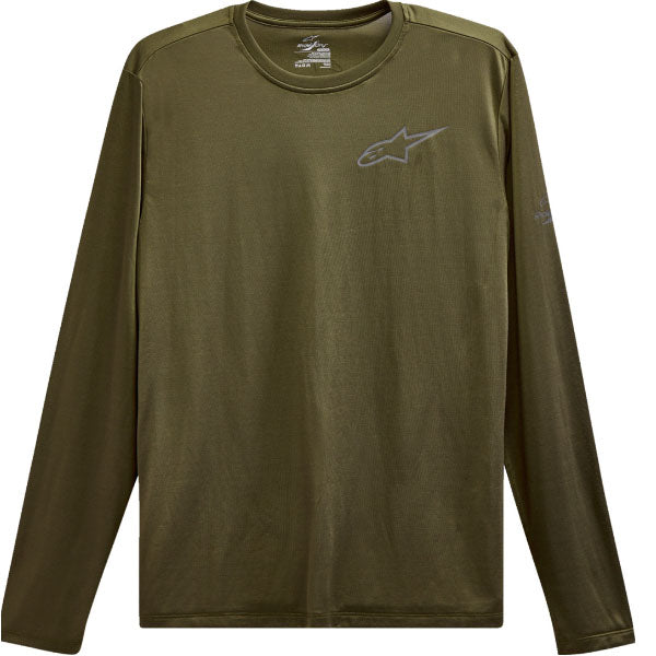 High-resolution studio image of Alpinestars Pursue Performance Long-Sleeve T-Shirt; showing tee fit, printed graphics, and crew neckline; SKU 303023162
