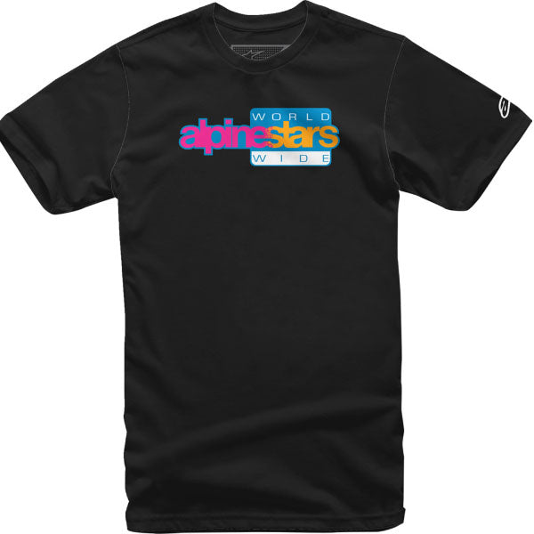 Crisp studio image on a white background of Alpinestars World Wide Again T-Shirt; showing tee fit, printed graphics, and crew neckline; SKU 3030221