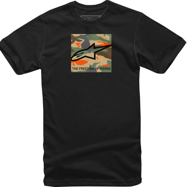 Clean studio shot of Alpinestars Free Camo T-Shirt; showing tee fit, printed graphics, and crew neckline; SKU 3030221; Colors: Black, Military