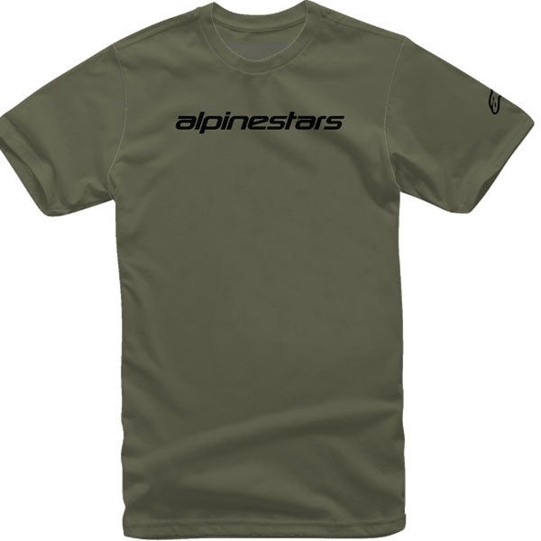 Studio photo on a white background of Alpinestars Linear Wordmark T-Shirt; showing tee fit, printed graphics, and crew neckline; SKU 303021674