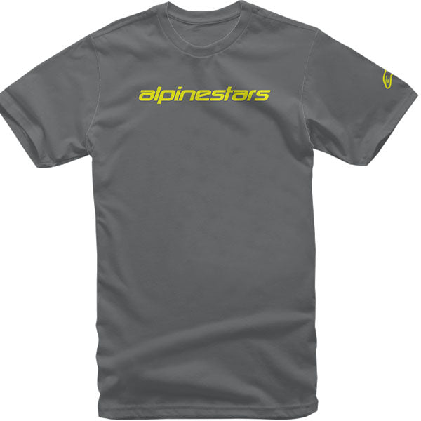 Crisp studio image on a white background of Alpinestars Linear Wordmark T-Shirt; showing tee fit, printed graphics, and crew neckline; SKU 303021674