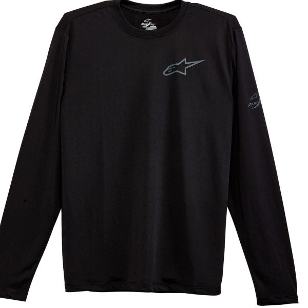 Studio photo on a white background of Alpinestars Pursue Performance Long-Sleeve T-Shirt; showing tee fit, printed graphics, and crew neckline