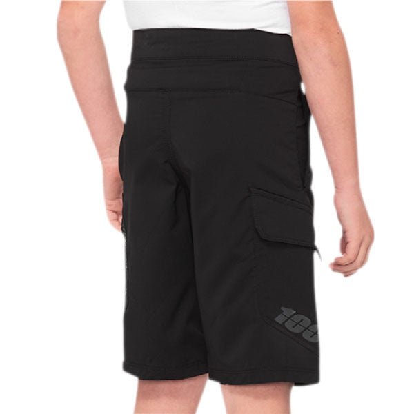 Studio photo showcasing 100%, Ridecamp Short (Youth) (MTB), Shorts, SKU 50030002, color Black, sizes 22–28, Designed for Mountain Bike, BMX and E-Bike riders