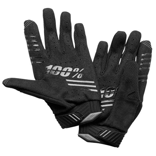 Clean studio photo on a white background of 100%, R-Core Gloves (MTB), Offroad Gloves, SKU 33600104, color options Black, Yellow, sizes SM, MD, LG, XL, 2XL, Designed for Mountain Bike, BMX and E-Bike riders