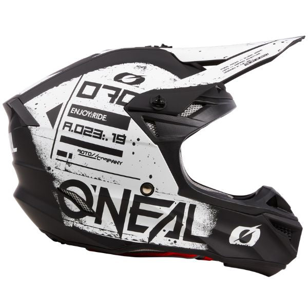 Studio image on a white background of O'Neal, 5 Series Scarz V.24 Helmet, SKU 0628-055, color options Black/White, Black/Red, sizes XS–2X