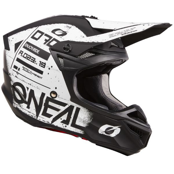 Detailed studio photograph of O'Neal, 5 Series Scarz V.24 Helmet, SKU 0628-056, color options Black/White, Black/Red, sizes XS–2X