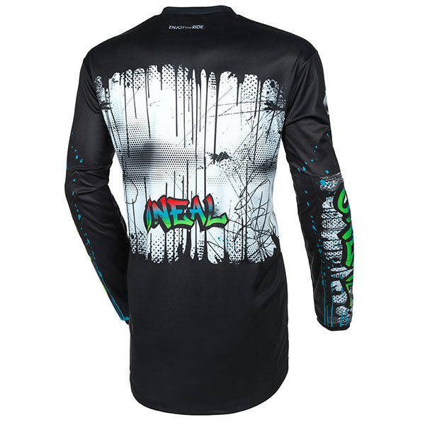 Studio image highlighting O'Neal, Element Rancid V.24 Jersey (Youth), SKU E005-402, color options Black/White, sizes Y-XS, Y-SM, Y-MD, Y-LG, Y-XL