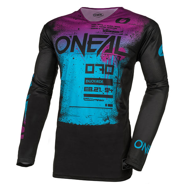 Studio photo showcasing O'Neal, Mayhem Scarz V.24 Jersey, SKU M005-254, color options Black/Red, Blue/Black, sizes XL–2X
