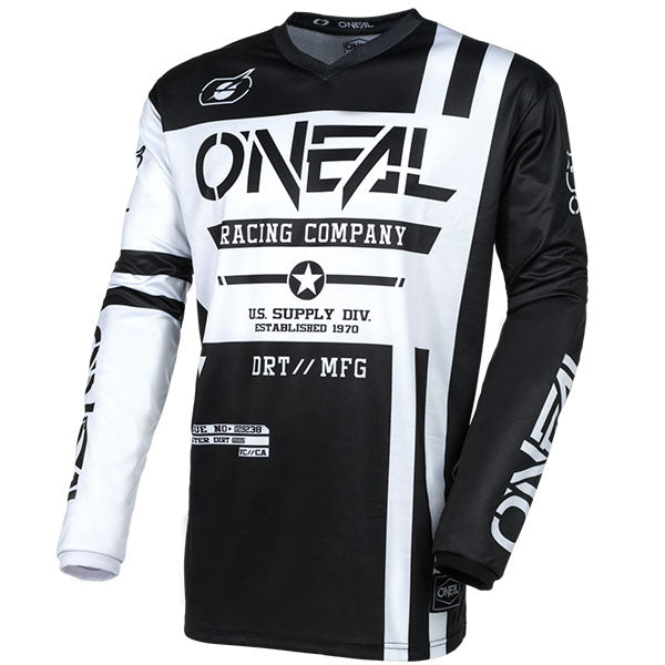 Catalog studio image of O'Neal, Element Warhawk V.24 Jersey, SKU E005-313, color options Black/White/Red, Black/White, sizes XL–2X
