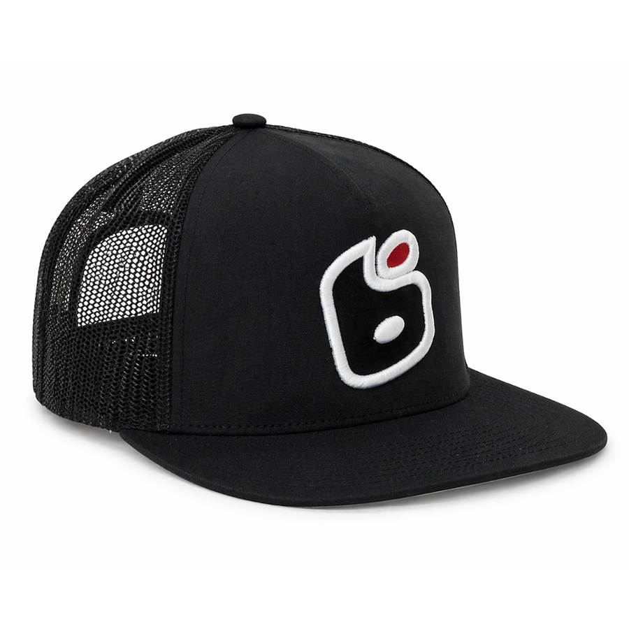 Black trucker cap with a logo on a white background