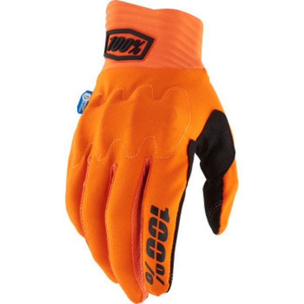 Studio photo showcasing 100%, Cognito Smart Shock Glove, Offroad Gloves, SKU 33307544, color options Fluo Yellow, Fluo Orange, Black, Army Green, Red, sizes SM, MD, LG, XL, 2XL