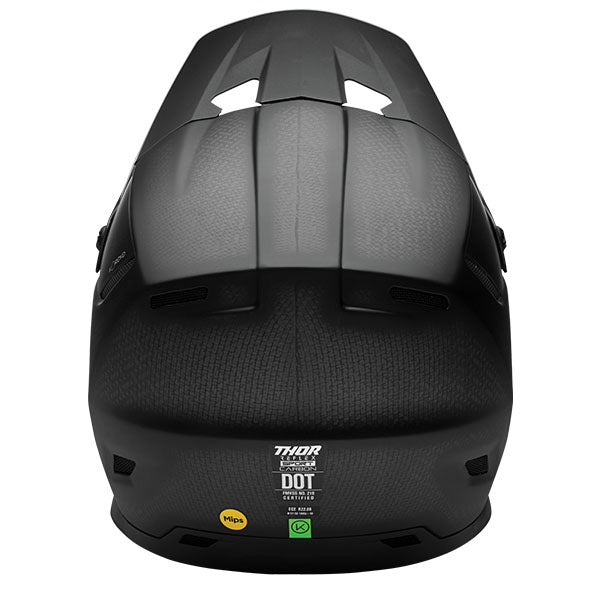 Studio view of Thor - R-Sport Carbon Stealth Helmet helmet helmet, in Black and Carbon, vented chin bar and intake ports, on a clean white background, (SKU 011087) Colors: Black and Carbon Sizes: 2XL, LG, MD, SM, XL, XS