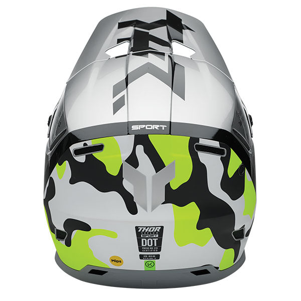 Studio view of Thor - Reflex Sport Riot MIPS Helmet helmet helmet, in Gray and Acid, vented chin bar and intake ports, on a clean white background, (SKU 011087) Colors: Black and White, Gray and Acid Sizes: 2XL, LG, MD, SM, XL, XS