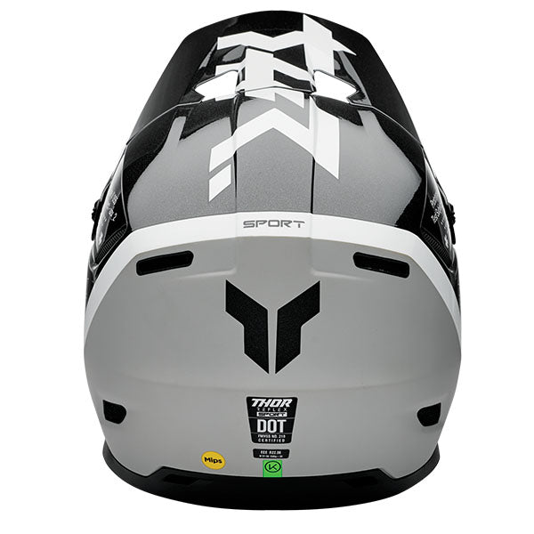 Studio view of Thor - Reflex Sport Riot MIPS Helmet helmet helmet, in Black and White, vented chin bar and intake ports, on a clean white background, (SKU 011087) Colors: Black and White, Gray and Acid Sizes: 2XL, LG, MD, SM, XL, XS