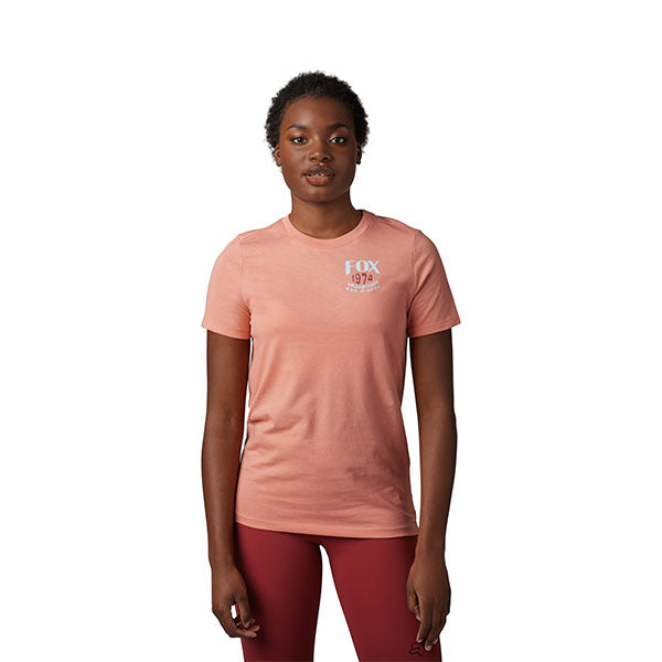 Studio photo on a white background of Fox Racing Predominant Tee (Womens); showing tee fit, printed graphics, and crew neckline; SKU 30797-008-XS