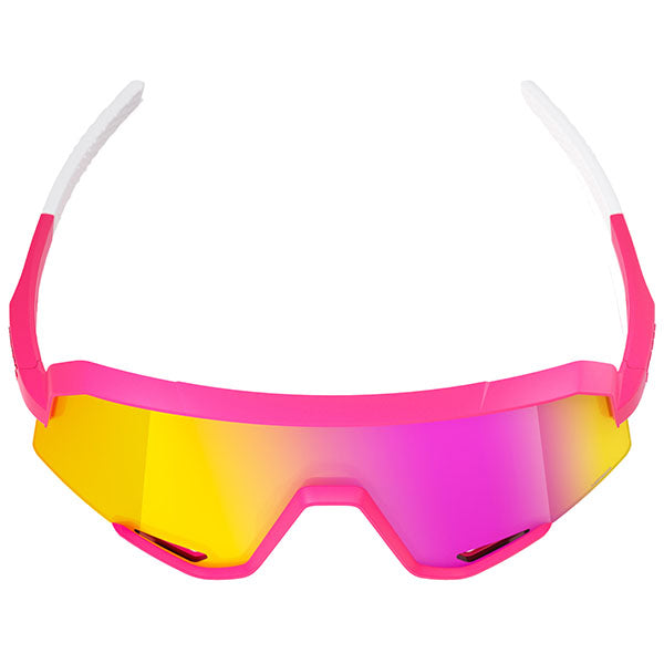Studio product photo on a neutral background of 100%, Slendale Sunglasses, color options Gloss Carbon Fiber w/ Hiper Crimson Silver Mirror Lens, Satin Pitaya w/ Hiper Vital Pink Mirror Lens, Polished Translucent Grey w/ Purple Multilayer Mirror Lens, Matte White w/ Hiper Red Multilayer Mirror Lens, Matte Black w/ Hiper Blue Multilayer Mirror Lens, Matte Black w/ Smoke Lens