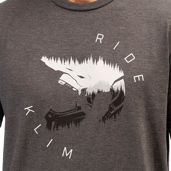 High-resolution studio image of Klim Ride Tri-Blend Tee; showing tee fit, printed graphics, and crew neckline; SKU 3689-000-120-272; Sizes: S-3XL