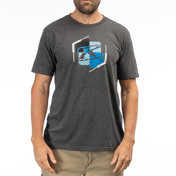 High-resolution studio image of Klim K Shield Crest Tri-Blend Tee; showing tee fit, printed graphics, and crew neckline; SKU 3692-000-120-203