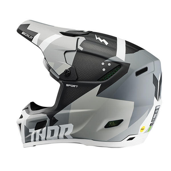 Studio view of Thor - Reflex Sport Carbon Brave MIPS Helmet helmet helmet, in Gray and White, vented chin bar and intake ports, on a clean white background, (SKU 011087) Colors: Gray and White Sizes: 2XL, LG, MD, SM, XL, XS
