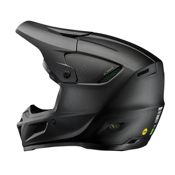 Studio view of Thor - R-Sport Carbon Stealth Helmet helmet helmet, in Black and Carbon, vented chin bar and intake ports, on a clean white background, (SKU 011087) Colors: Black and Carbon Sizes: 2XL, LG, MD, SM, XL, XS