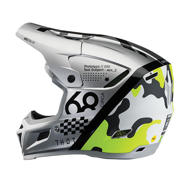 Studio view of Thor - Reflex Sport Riot MIPS Helmet helmet helmet, in Gray and Acid, vented chin bar and intake ports, on a clean white background, (SKU 011087) Colors: Black and White, Gray and Acid Sizes: 2XL, LG, MD, SM, XL, XS