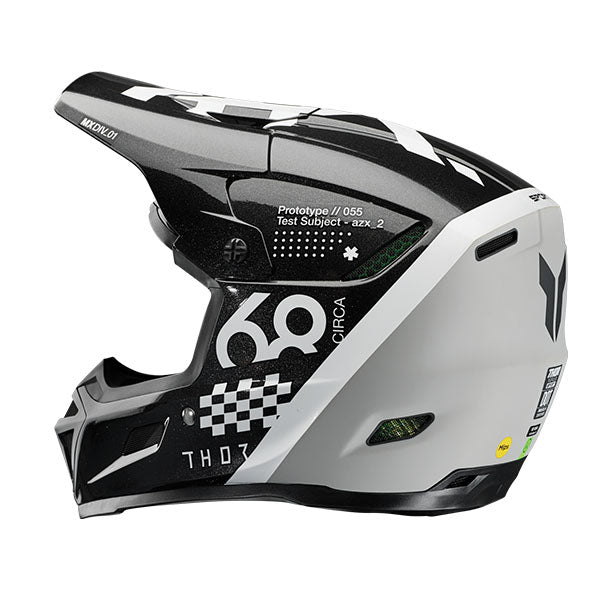 Studio view of Thor - Reflex Sport Riot MIPS Helmet helmet helmet, in Black and White, vented chin bar and intake ports, on a clean white background, (SKU 011087) Colors: Black and White, Gray and Acid Sizes: 2XL, LG, MD, SM, XL, XS