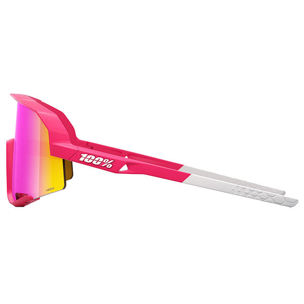 Studio image on a white background of 100%, Slendale Sunglasses, color options Gloss Carbon Fiber w/ Hiper Crimson Silver Mirror Lens, Satin Pitaya w/ Hiper Vital Pink Mirror Lens, Polished Translucent Grey w/ Purple Multilayer Mirror Lens, Matte White w/ Hiper Red Multilayer Mirror Lens, Matte Black w/ Hiper Blue Multilayer Mirror Lens, Matte Black w/ Smoke Lens
