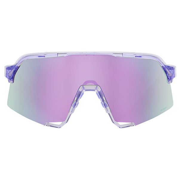 Studio image highlighting 100%, S3 Sunglasses, color options Polished Translucent Grey w/ Purple Multilayer Mirror Lens, Soft Tact Black w/ Soft Gold Mirror Lens, Polished Translucent Lavender w/ Hiper Lavender Mirror Lens