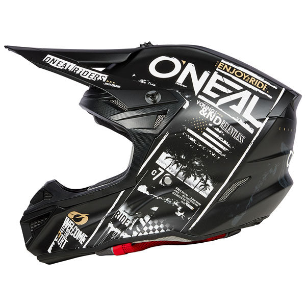 High-resolution studio image of O'Neal, 5 Series Attack V.23 Helmet, SKU 0628-174, color options Black/Neon, Black/White, sizes XS–2X