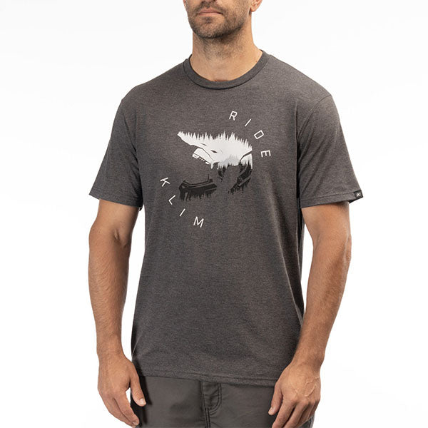 Crisp studio image on a white background of Klim Ride Tri-Blend Tee; showing tee fit, printed graphics, and crew neckline; SKU 3689-000-120-272