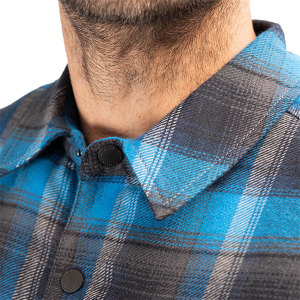 High-resolution studio image of Klim Bridger Fleece Lined Flannel Shirt; showing flannel shirt fit, button front, and plaid pattern; SKU 3629-000-120-256