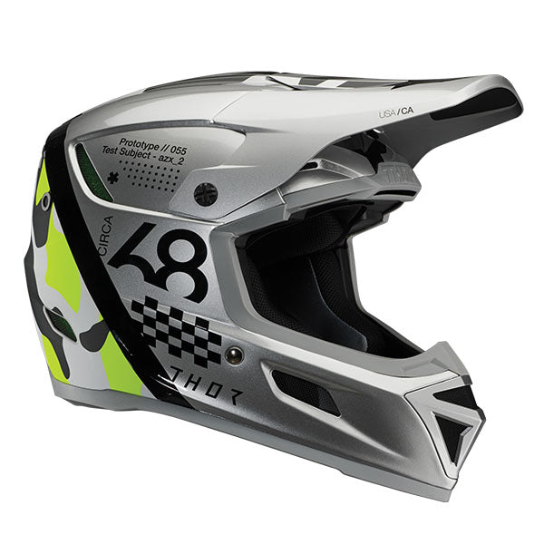Three-quarter view of Thor - Reflex Sport Riot MIPS Helmet helmet helmet, in Gray and Acid, vented chin bar and intake ports, on a clean white background, (SKU 011087) Colors: Black and White, Gray and Acid Sizes: 2XL, LG, MD, SM, XL, XS