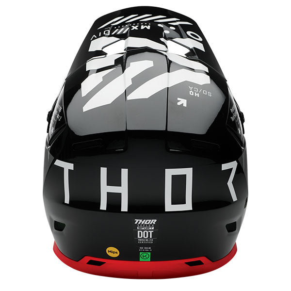 Studio view of Thor - Reflex Sport Strike MIPS Helmet helmet helmet, in Black and Red, vented chin bar and intake ports, on a clean white background, (SKU 011087) Colors: Black and Red, Navy and Acid Sizes: 2XL, LG, MD, SM, XL, XS
