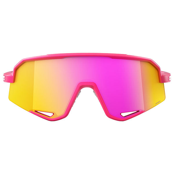 Studio product photo on a neutral background of 100%, Slendale Sunglasses, SKU 5930405700, color options Gloss Carbon Fiber w/ Hiper Crimson Silver Mirror Lens, Satin Pitaya w/ Hiper Vital Pink Mirror Lens, Polished Translucent Grey w/ Purple Multilayer Mirror Lens, Matte White w/ Hiper Red Multilayer Mirror Lens, Matte Black w/ Hiper Blue Multilayer Mirror Lens, Matte Black w/ Smoke Lens