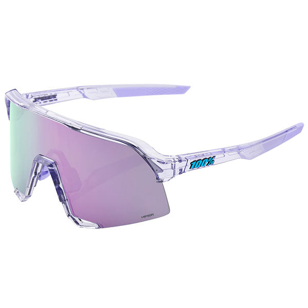 Studio photo showcasing 100%, S3 Sunglasses, color options Polished Translucent Grey w/ Purple Multilayer Mirror Lens, Soft Tact Black w/ Soft Gold Mirror Lens, Polished Translucent Lavender w/ Hiper Lavender Mirror Lens
