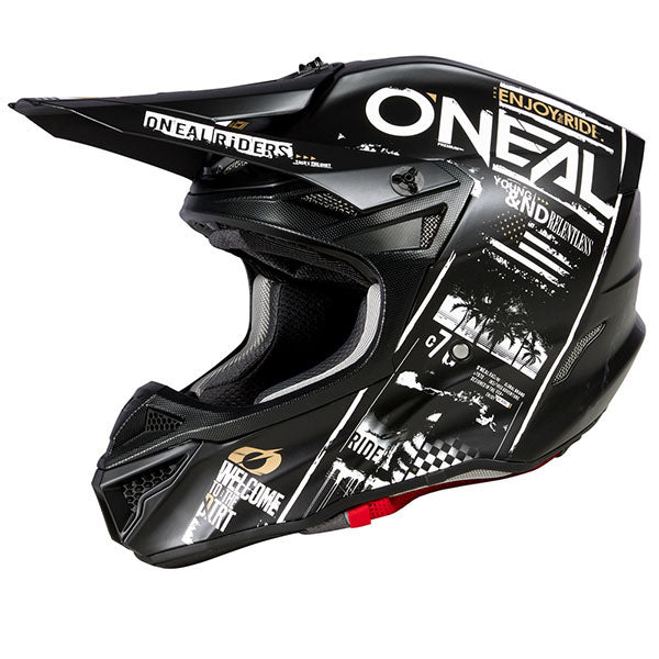 High-resolution studio image of O'Neal, 5 Series Attack V.23 Helmet, SKU 0628-176, color options Black/Neon, Black/White, sizes XS–2X