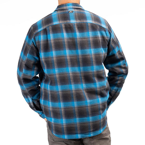 Professional studio photo of Klim Bridger Fleece Lined Flannel Shirt; showing flannel shirt fit, button front, and plaid pattern; SKU 3629-000-120-256