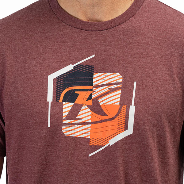 Crisp studio image on a white background of Klim K Shield Crest Tri-Blend Tee; showing tee fit, printed graphics, and crew neckline; SKU 3692-000-120-203