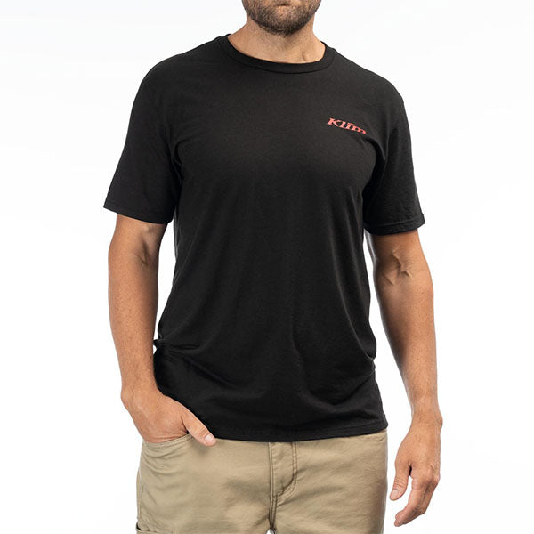 Studio photo on a white background of Klim Mountain Peak Tri-Blend Tee; showing tee fit, printed graphics, and crew neckline; SKU 3691-000-120-281
