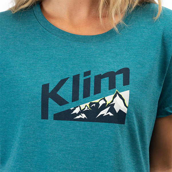 Crisp studio image on a white background of Klim Mountain Peak Tri-Blend Tee (Womens); showing tee fit, printed graphics, and crew neckline