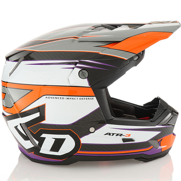 6D helmet orange purple product view — with ODS impact management for angular and linear energy, ventilated and lightweight, SKU 13-0206.