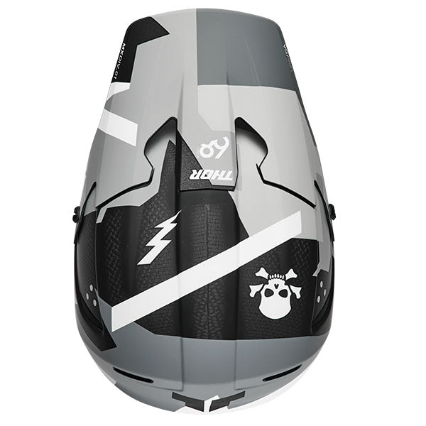 Studio view of Thor - Reflex Sport Carbon Brave MIPS Helmet helmet helmet, in Gray and White, vented chin bar and intake ports, on a clean white background, (SKU 011087) Colors: Gray and White Sizes: 2XL, LG, MD, SM, XL, XS
